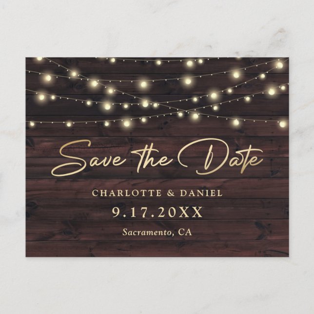 Carte Postale Faire-part Rustic Wood String Lights Elegant Script Wedding (Devant)