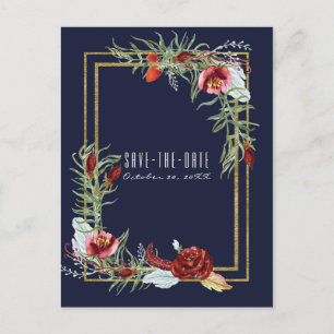 Carte Postale Faire-part Rustique automnal Marsala floral bleu marine Save