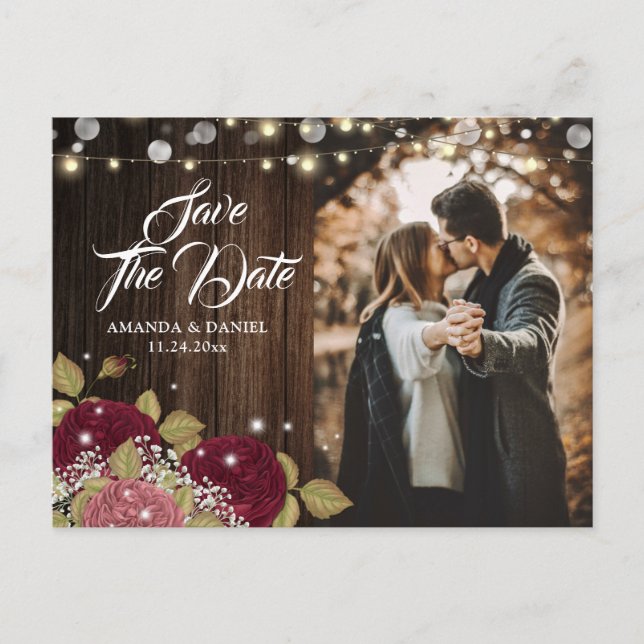 Carte Postale Faire-part Rustique Bourgogne Blush Mariage Photo Enregistrer (Devant)