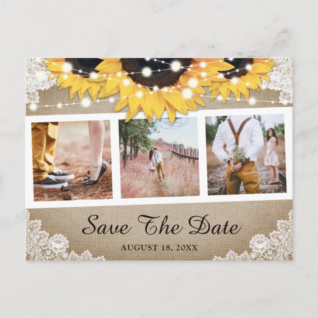 Carte Postale Faire-part Rustique Burlap Lace Tournesol Photo Enregistrer L (Devant)