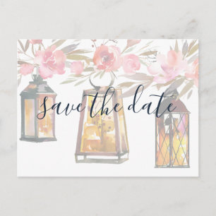 Carte Postale Faire-part Rustique Chic Lanterne Rose or Floral Enregistrer 