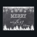 Carte Postale Faire-part "Rustique Merry Tout Chalkboard Typographie<br><div class="desc">Design élégant,  avec une élégante typographie moderne "Joyeux Tout",  sur un arrière - plan en damier avec des flocons de neige et des arbres. Utilisez l'outil Personnaliser pour ajouter vos informations,  message. D'autres idées dans ma collection de photos de Noël.</div>