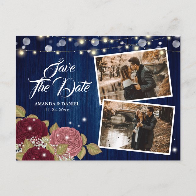 Carte Postale Faire-part Rustique Navy Bourgogne Blush 2 Photo Enregistrer  (Devant)