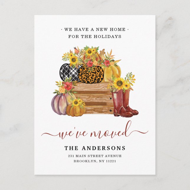 Carte Postale Faire-part Rustique Nous avons déménagé Floral Citrouille vac (Devant)