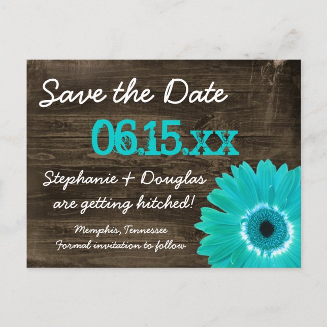 Carte Postale Faire-part Rustique Turquoise Daisy Wood Enregistrer La Date  (Devant)