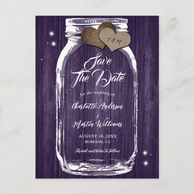 Carte Postale Faire-part Rustique Violet Mason Jar Bois Mariage Enregistrer (Devant)