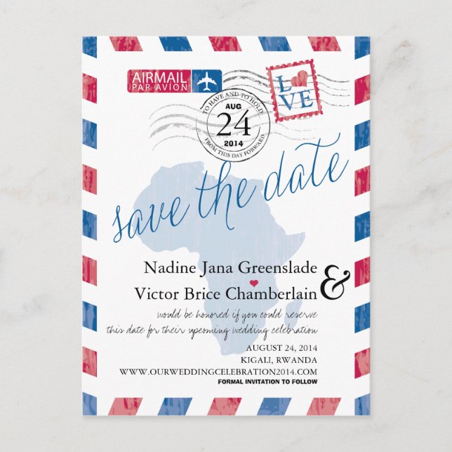 Carte Postale Faire-part Rwanda Afrique du Sud Courrier aérien Mariage Sauv (Devant)