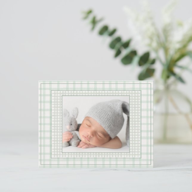 Carte Postale Faire-part Sage Green Gingham One Photo Gender Neutral Birth (Debout devant)