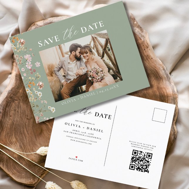 Carte Postale Faire-part Sage Green QR Code Fleur sauvage Floral Mariage (Créateur téléchargé)