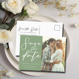 Carte Postale Faire-part Sage Green Script Couple Photo Enregistrer la phot