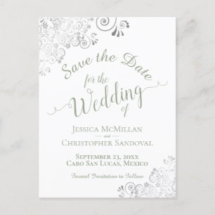 Carte Postale Faire-part Sage Green sur White Lacy Wedding Enregistrer la d