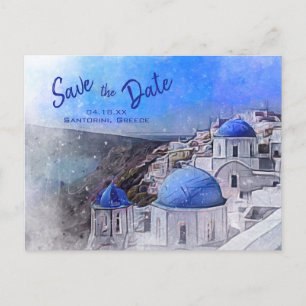 Carte Postale Faire-part Santorin Grèce Aquarelle Bleu Blanc Mariage