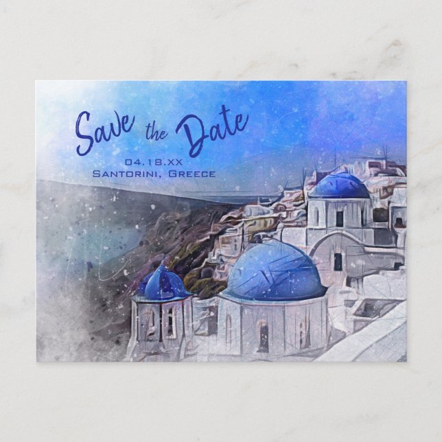 Carte Postale Faire-part Santorin Grèce Aquarelle Bleu Blanc Mariage (Devant)