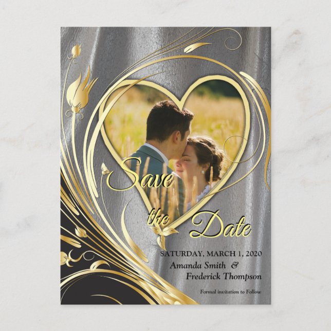 Carte Postale Faire-part Satin argenté et splendeur de fleurs dorées (Devant)