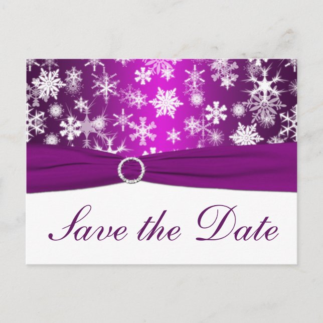 Carte Postale Faire-part Sauts de neige violet et blanc Enregistrer la date (Devant)