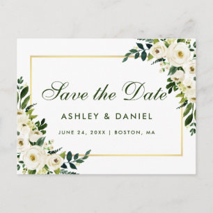 Carte Postale Faire-part Sauvegarder La Date Aquarelle Floral Vert Blanc