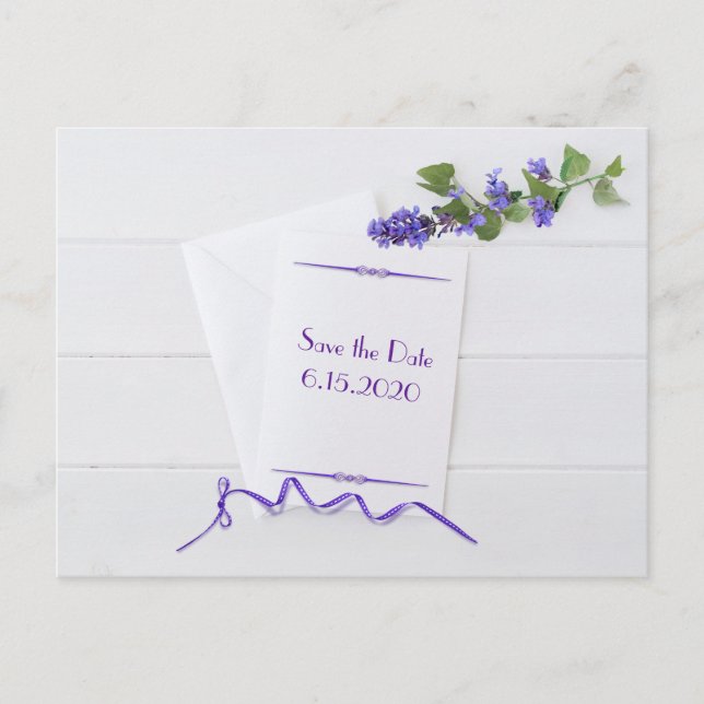 Carte Postale Faire-part Sauvegarder la date avec des fleurs violettes (Devant)