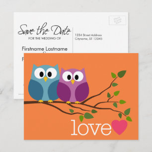 Carte Postale Faire-part Sauvegarder la date avec un mignon couple de hibou