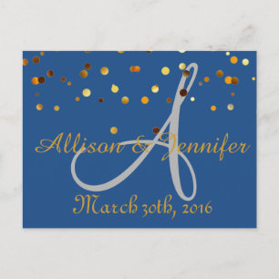 Carte Postale Faire-part Sauvegarder la date Bleue et Or Paillettes Faux Fe