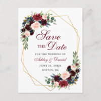Sauvegarder la date Burgundy Blue Floral Cadre en