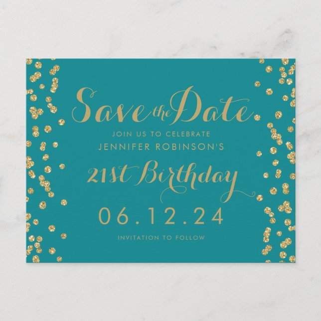 Carte Postale Faire-part Sauvegarder la date d'anniversaire 21 ans Teal Or  (Devant)