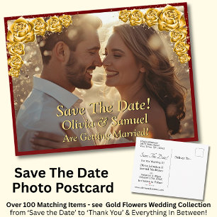 Carte Postale Faire-part Sauvegarder la date, Photo - Roses dorées Rouge bo