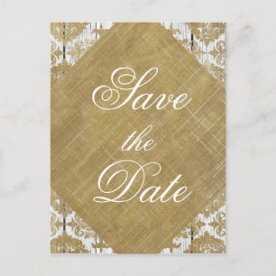 Carte Postale Faire-part Sauvegarder la date vintage or damas et bois