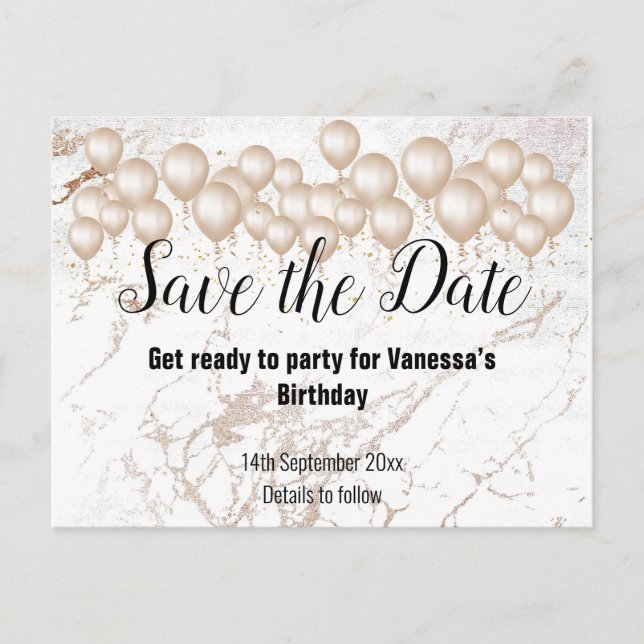 Carte Postale Faire-part Sauver la date ballons en marbre blanc Toutes occa (Devant)