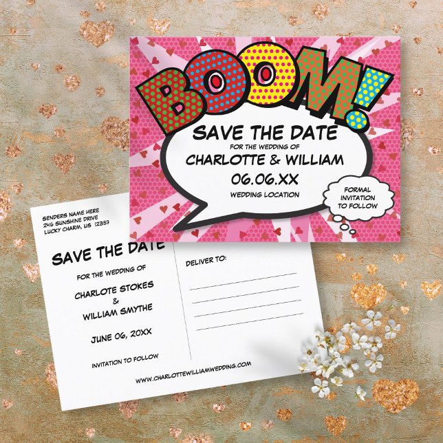 Carte Postale Faire-part Sauver la date de la bande dessinée BOOM Rose Mode (Save the Date Comic Book BOOM Modern Pink Fun Announcement Postcard)