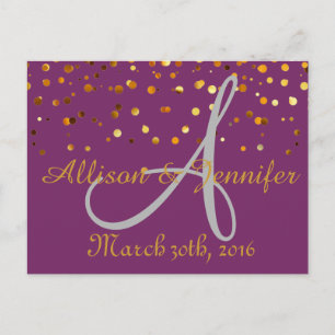 Carte Postale Faire-part Sauver la date Faux Foi paillettes Violet et Or