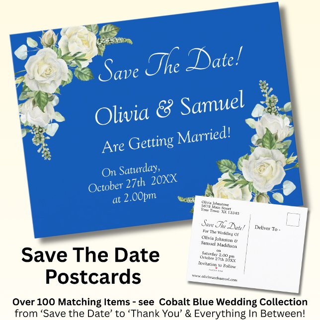 Carte Postale Faire-part Sauver la date - Mariage aux roses bleues cobalt e (Créateur téléchargé)