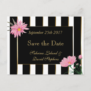 Carte Postale Faire-part Sauver la date Moderne Bandes noires Mums roses