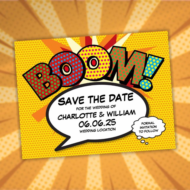 Carte Postale Faire-part Sauver la date Moderne Fun Comic Book Boom (Save the Date Modern Fun Comic Book Boom Announcement Postcard)