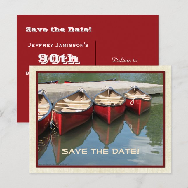 Carte Postale Faire-part Sauvez la date 90e anniversaire Red Canoes Invitat (Devant / Derrière)