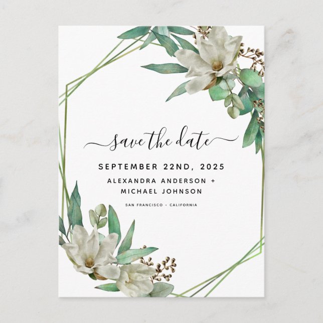 Carte Postale Faire-part Sauvez la date Eucalyptus Magnolia Vert (Devant)