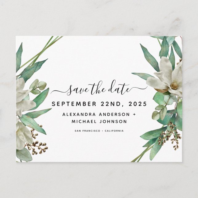 Carte Postale Faire-part Sauvez la date Eucalyptus Magnolia Vert (Devant)