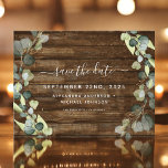 Carte Postale Faire-part Sauvez la date Eucalyptus Vert Bois rustique<br><div class="desc">Eucalyptus Verdure Succulent Botanique Aquarelle Printemps Mariage Enregistrer la Carte Date sur Rustic Country Bois arrière-plan - comprend belle et élégante typographie script avec feuilles botaniques modernes et verdure pour la célébration spéciale de mariage.</div>