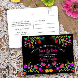 Carte Postale Faire-part Sauvez la Date Fleurie Fiesta Mexicaine Noir 16 an