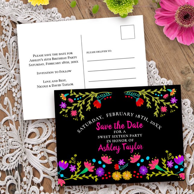 Carte Postale Faire-part Sauvez la Date Fleurie Fiesta Mexicaine Noir 16 an (Save the Date Postcard from my Mexican Fiesta Floral collection
)