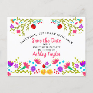 Carte Postale Faire-part Sauvez la date Floral Mexico Fiesta White Sweet 16