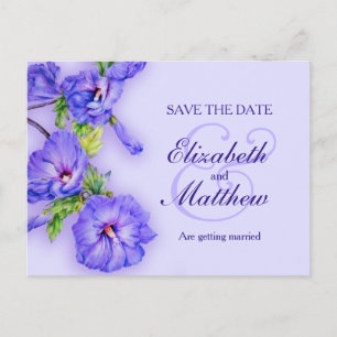 Carte Postale Faire-part Sauvez la date peinte en violet bleu hibiscus
