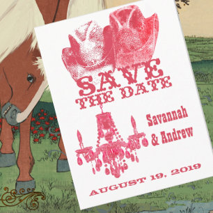 Carte Postale Faire-part Sauvez la Date Western Chapeau de Cowboy Rose Chan