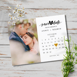 Carte Postale Faire-part Save the Date Calendar Elegant Gold  Heart Photo