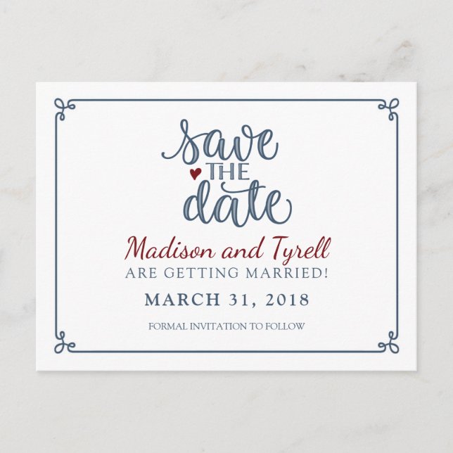 Carte Postale Faire-part "Save the Date" - Dusty Blue & Dark Red (Devant)