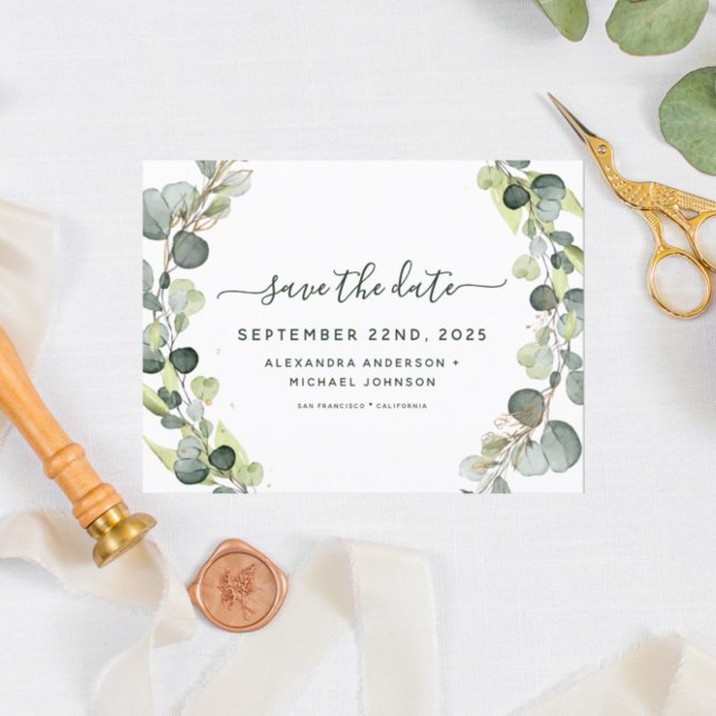 Carte Postale Faire-part Save the Date Eucalyptus Greenery Succulent (Créateur téléchargé)