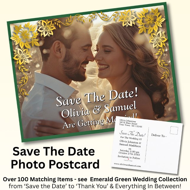 Carte Postale Faire-part Save The Date, Photo -Emerald Green & Gold (Créateur téléchargé)
