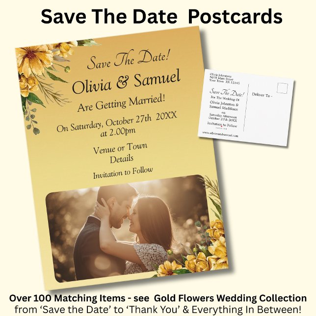 Carte Postale Faire-part Save The Date - Photo with Golden Yellow Flowers (Créateur téléchargé)
