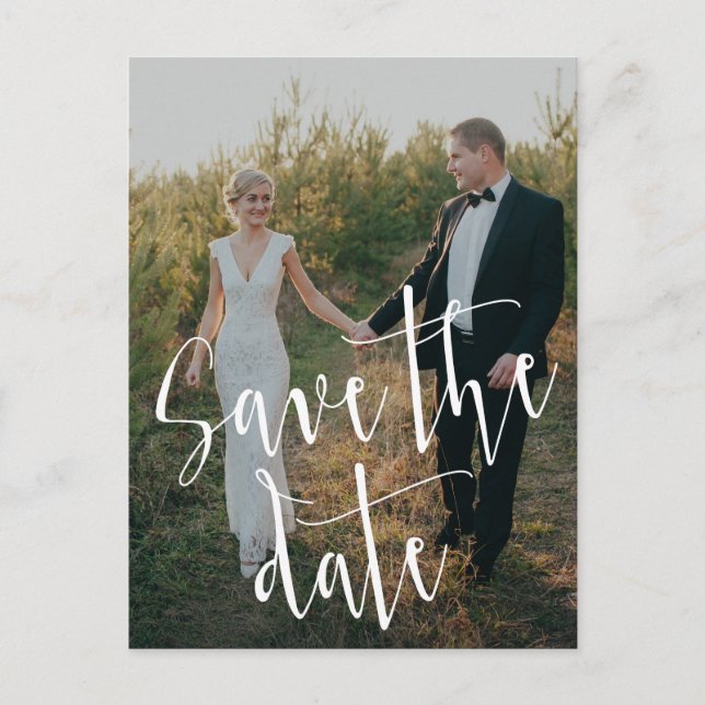 Carte Postale Faire-part Script de calligraphie | Photo Enregistrer la date (Devant)