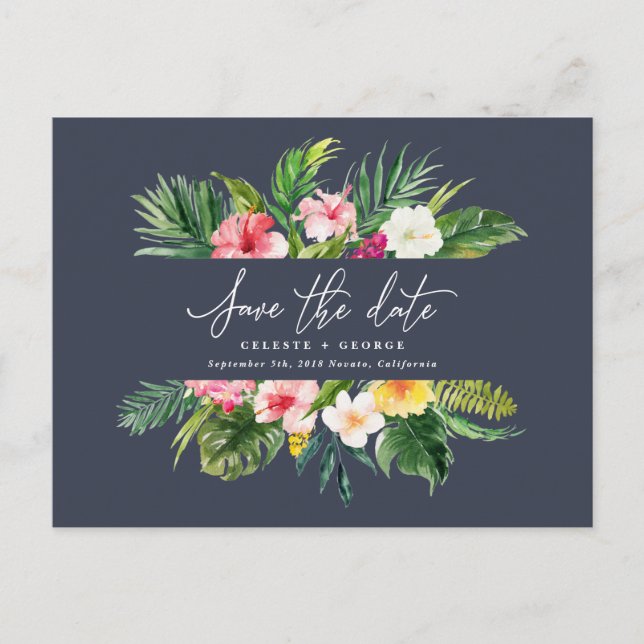 Carte Postale Faire-part Script de feuillage d'aquarelle tropicale enregist (Devant)