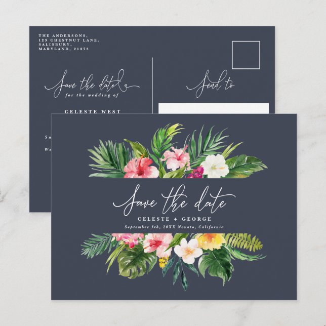 Carte Postale Faire-part Script de feuillage d'aquarelle tropicale enregist (Devant / Derrière)